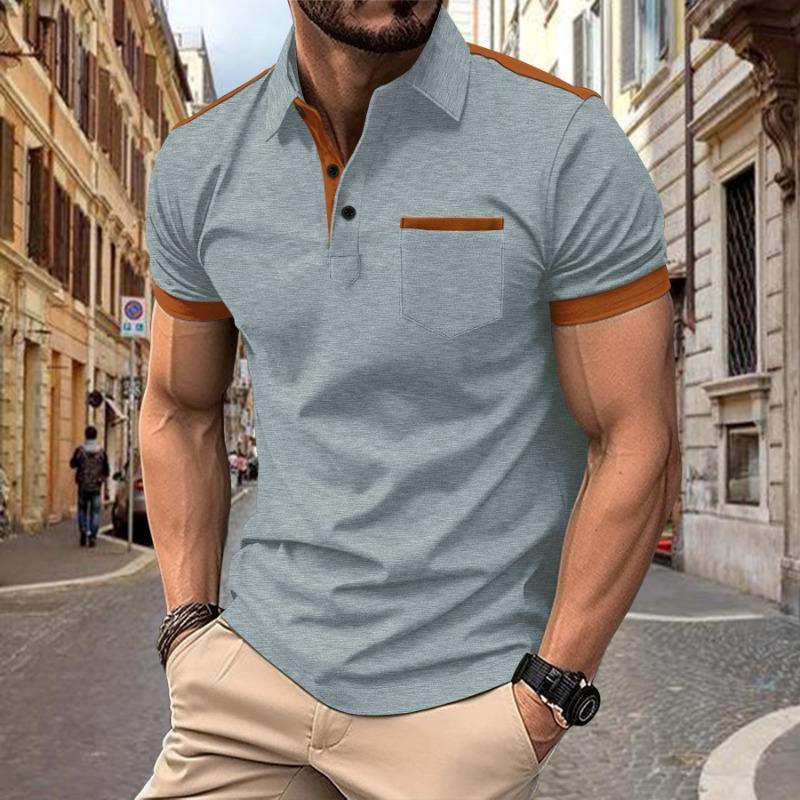 New cross-border men's casual POLO shirt chest pocket lapel button splicing color scheme versatile T-shirt