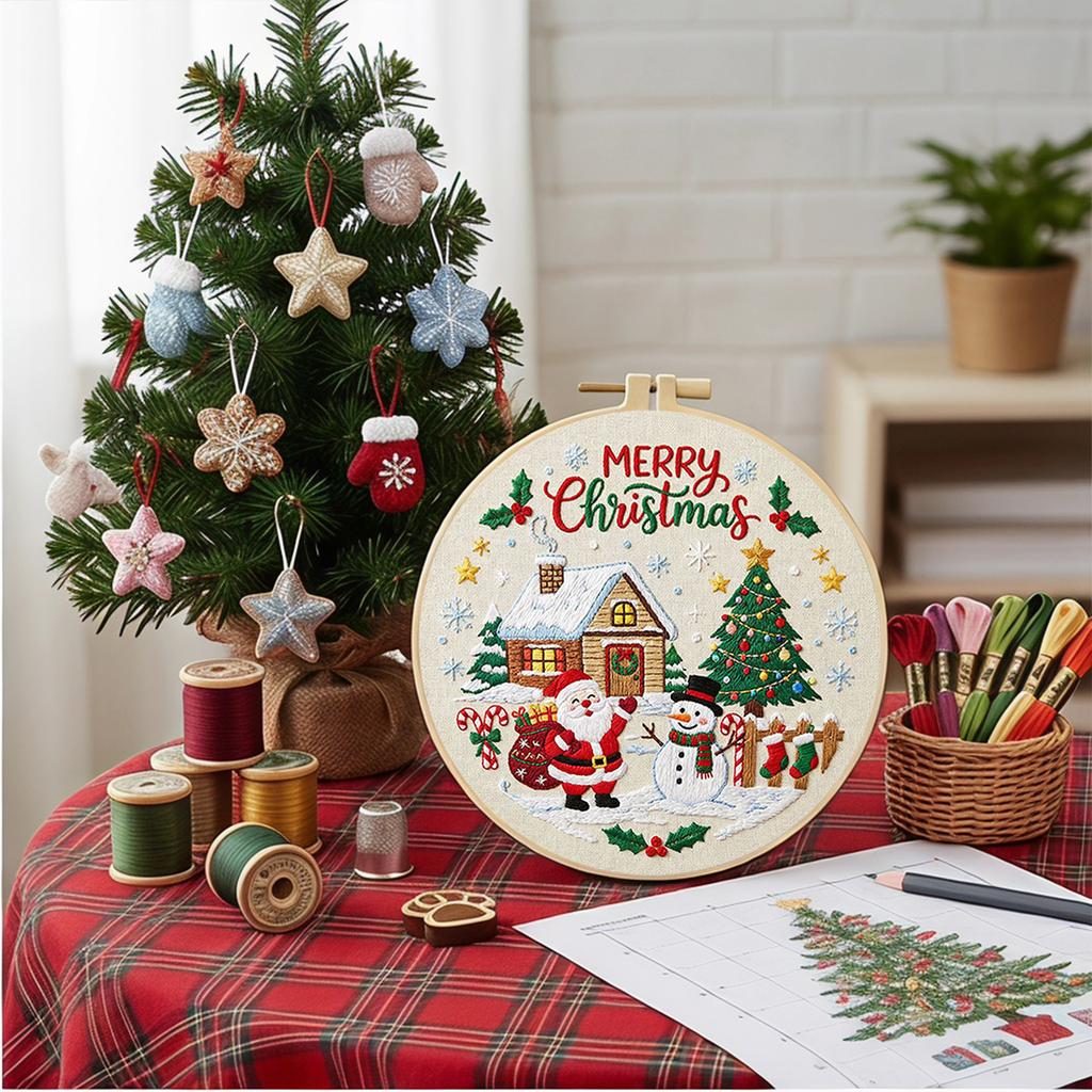 Christmas Embroidery Craft Set DIY 30x30cm Cotton Printed Fabric with 20cm Hoop Thread Needle Beginner Kit