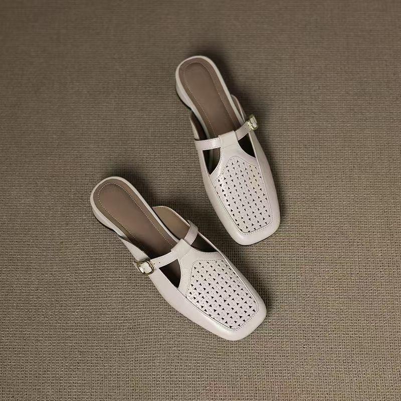 Skinny and Tall Retro Baotou Half Slippers Women's Summer Wear Thick Heels and Inner Height Increase One Pedal Woven Breathable Sandals