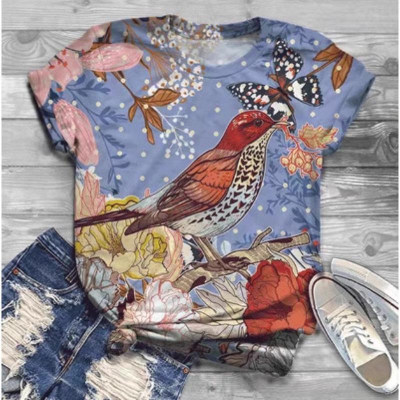 Summer Round Neck 3D Bird Print Top Fashionable Casual Short Sleeved Women's T-shirts