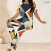 Women Plus Size Geometric Printed Round Neck Short Sleeve Long Top Fitted Pants Two Piece Set