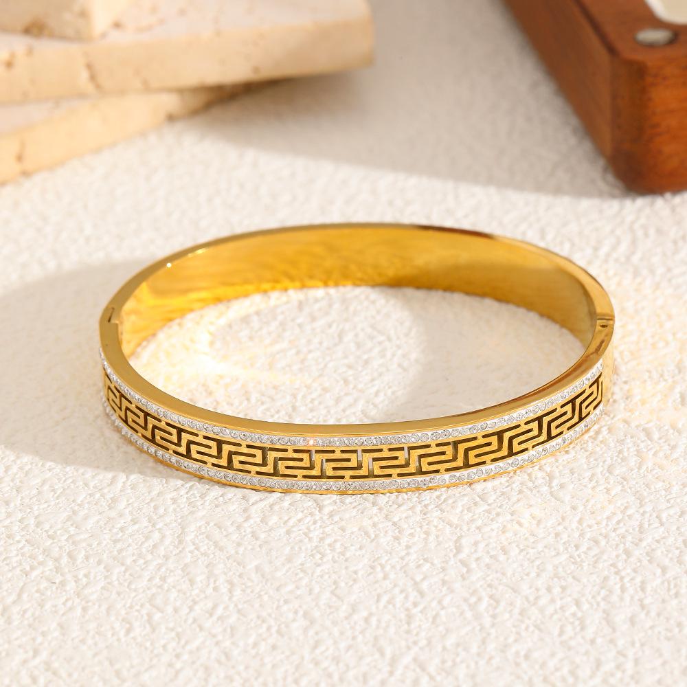 INS Cross-border Zircon Buckle Bangle: Elegant European-American Titanium Steel Double Row Diamond Bracelet for Women