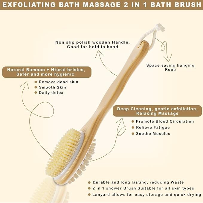 2-in-1 Long Handle Body Brush | For Skin Exfoliation and Massage | Reduces Cellulite | Stimulates Blood Circulation & Reduces Dead Skin Cells | Na