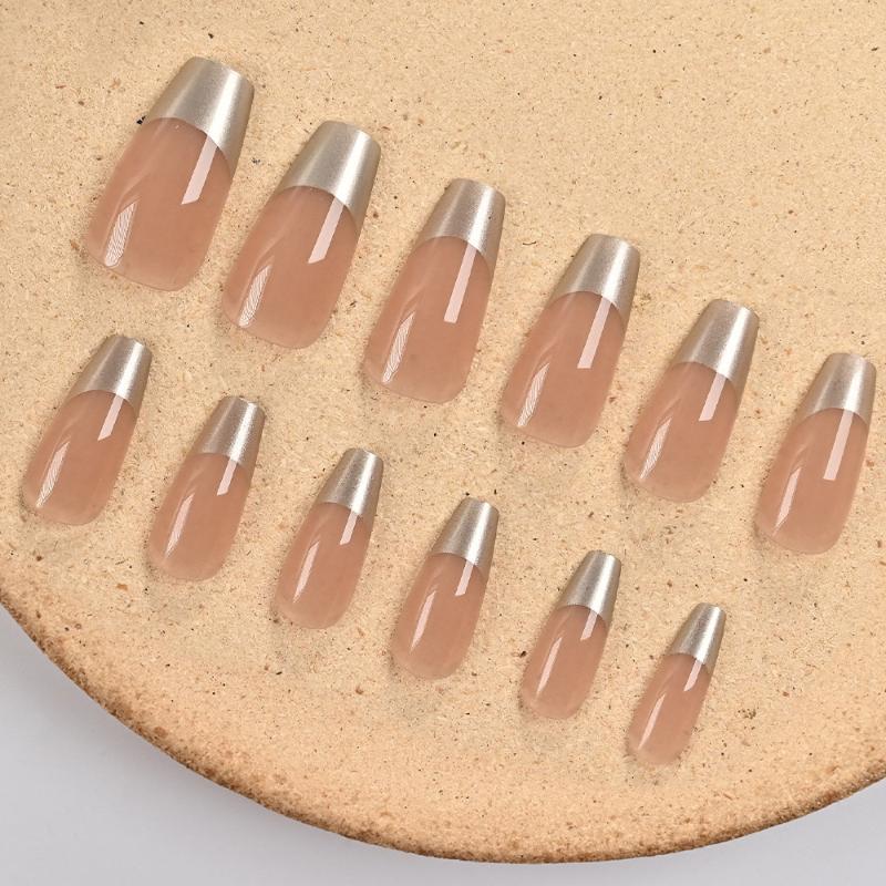 120Pcs/Box Nude Gold French Press On Nails 12Sizes Extra Trapezoid Full Cover Soft Gel False Nail Tips For Nail Extension