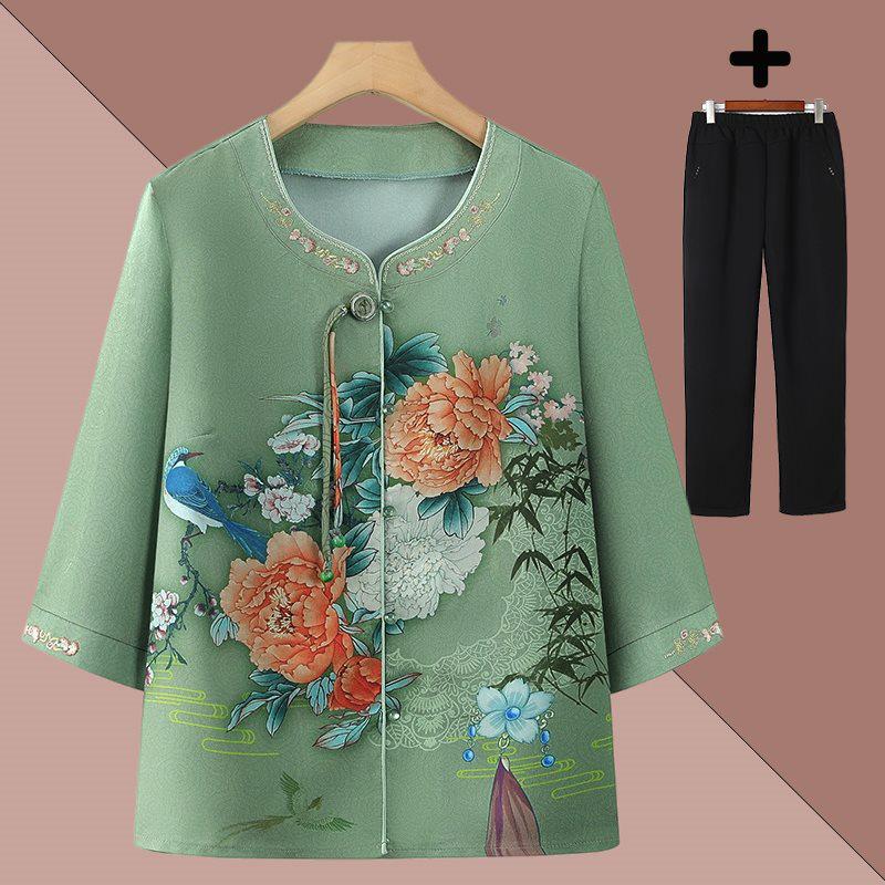 Floral Seven-Sleeve Shirt for Middle-Aged & Elderly Women – Chic Grandma Style, Summer Chinese Top