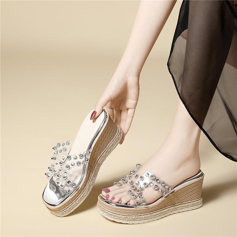 Leichter Luxus Strass Plateau-Sandalen Hausschuhe Dicksohlige High-End-Schuhe Damen Sommerkleidung Sandalen Lässig und Bequem Vielseitig