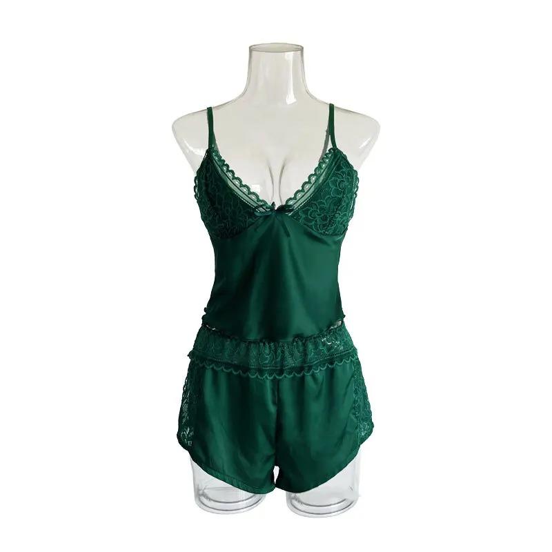 Sexy Summer Two Pieces Women Pajamas Set Deep V-Neck Tops And Shorts Pyjama Suit Ladies Sleeveless Nightwear