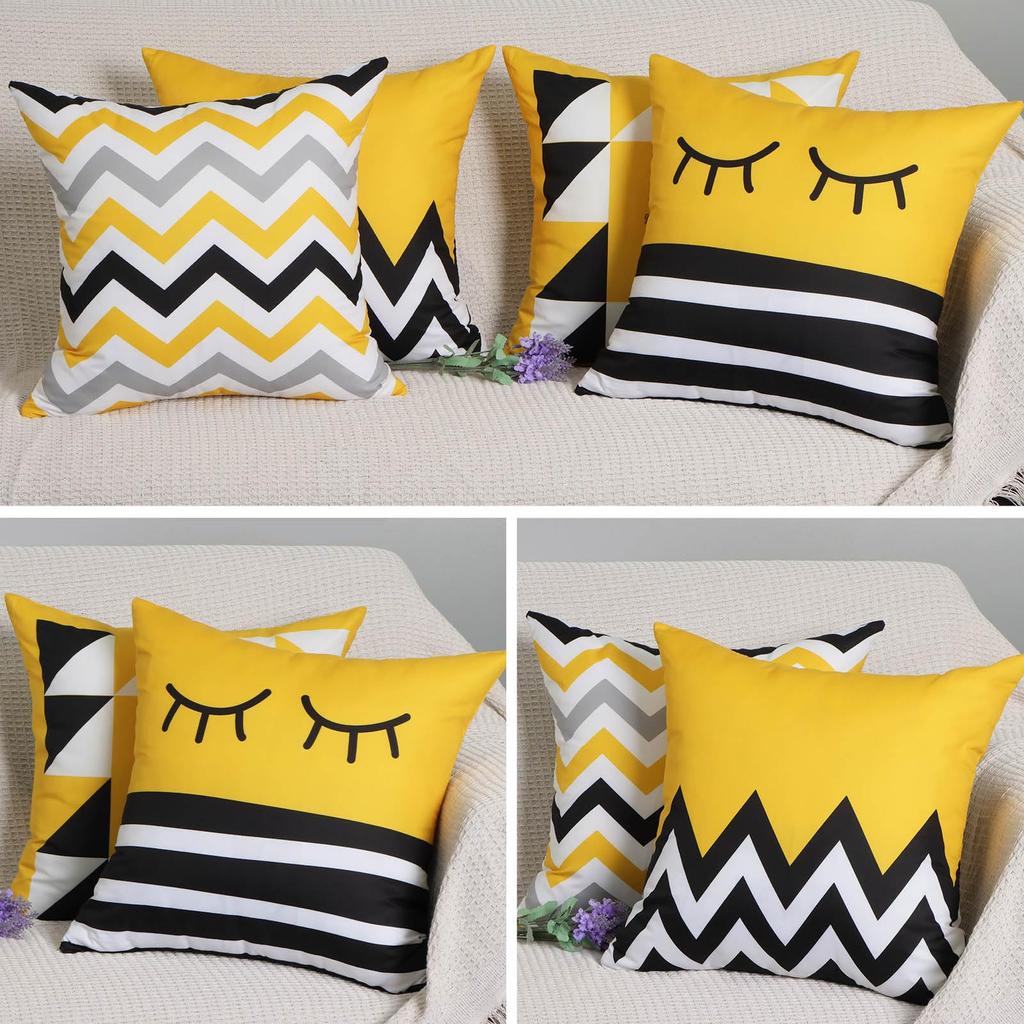 4 Pcs Double Sided Yellow Black Cushion Covers, Geometric Chevron Inspirational Throw Pillow Cases (No Inserts)