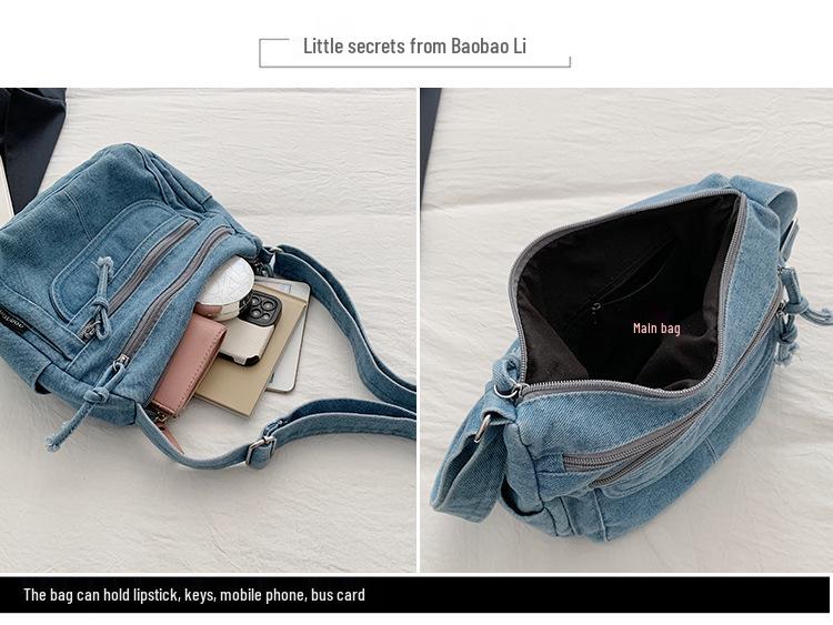 Retro Crossbody Washed Denim Multi-Zipper Small Commuter Bag