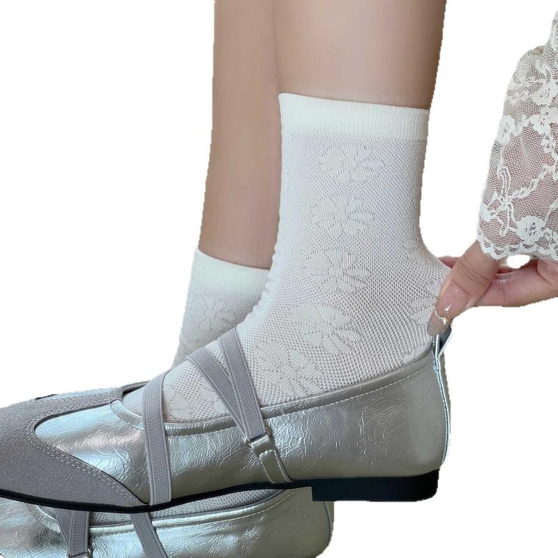 Summer Lightweight Children's Cool-feeling Mulberry Silk Pile Socks, Flowered Mid-calf Socks, Simple Dark-patterned Women's Socks, Boneless