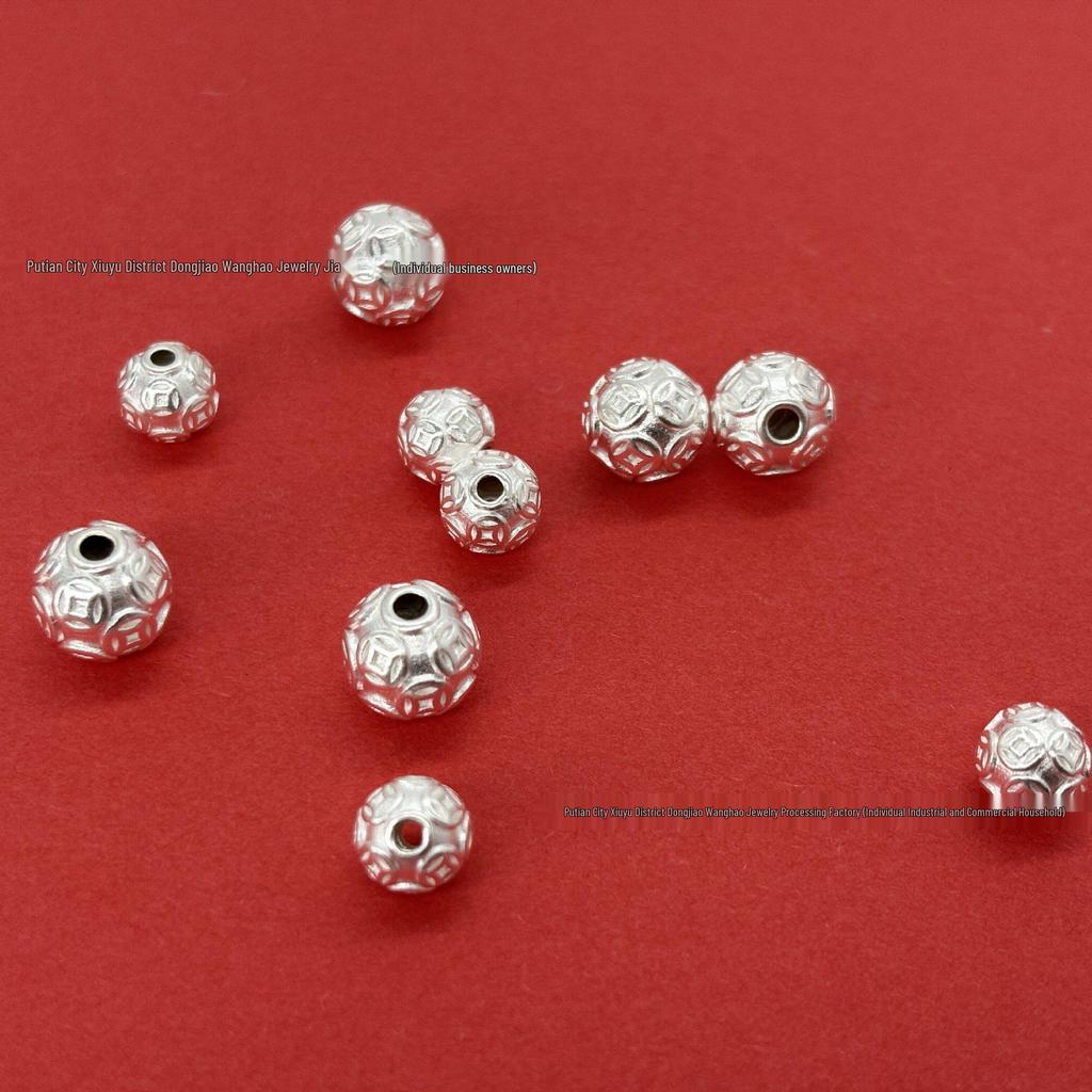 Sterling Silver 999 Gold Coin Luck Beads - 3D Craft Loose Spacer Beads for DIY Silver Jewelry and Weaving Rope Bracelets.