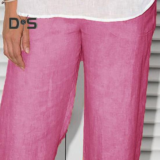 Women Pants Elastic Waist Mid-rise Wide-Leg Casual Pants with Pockets Solid Color Long Trousers Daily Wear