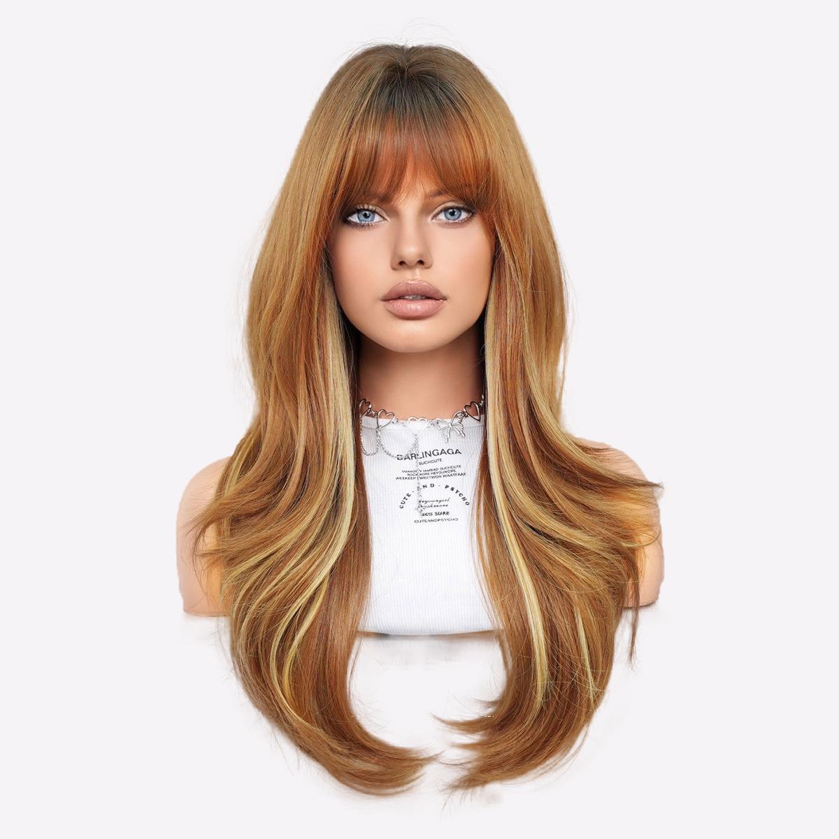 

Длинный кудрявый парик цвета пепельно-зеленый и карамельный балаяж - термостойкий синтетический полный парик с французской челкой, предварительно уложенный натуральный накладной парик для вечеринок 60cm 24inch зелёный/коричневый