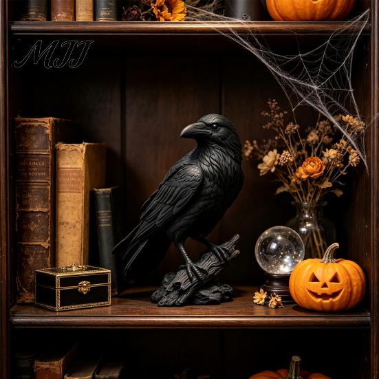 Realistische Rabenstatue Gotische Schwarze Krähe Figur, Harz für Halloween Tischplatte Innen Außen Vogel Dekoration, Dunkles Gruseliges Ornament Zuhause Büro Bücherregal