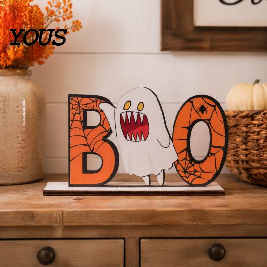 Hand Painted Halloween Decor Wooden Table Sign, Cute Pumpkin Boo Ghost Solid Wood Sign Tabletop Centerpiece for Indoor Mantel Fireplace Home Festive