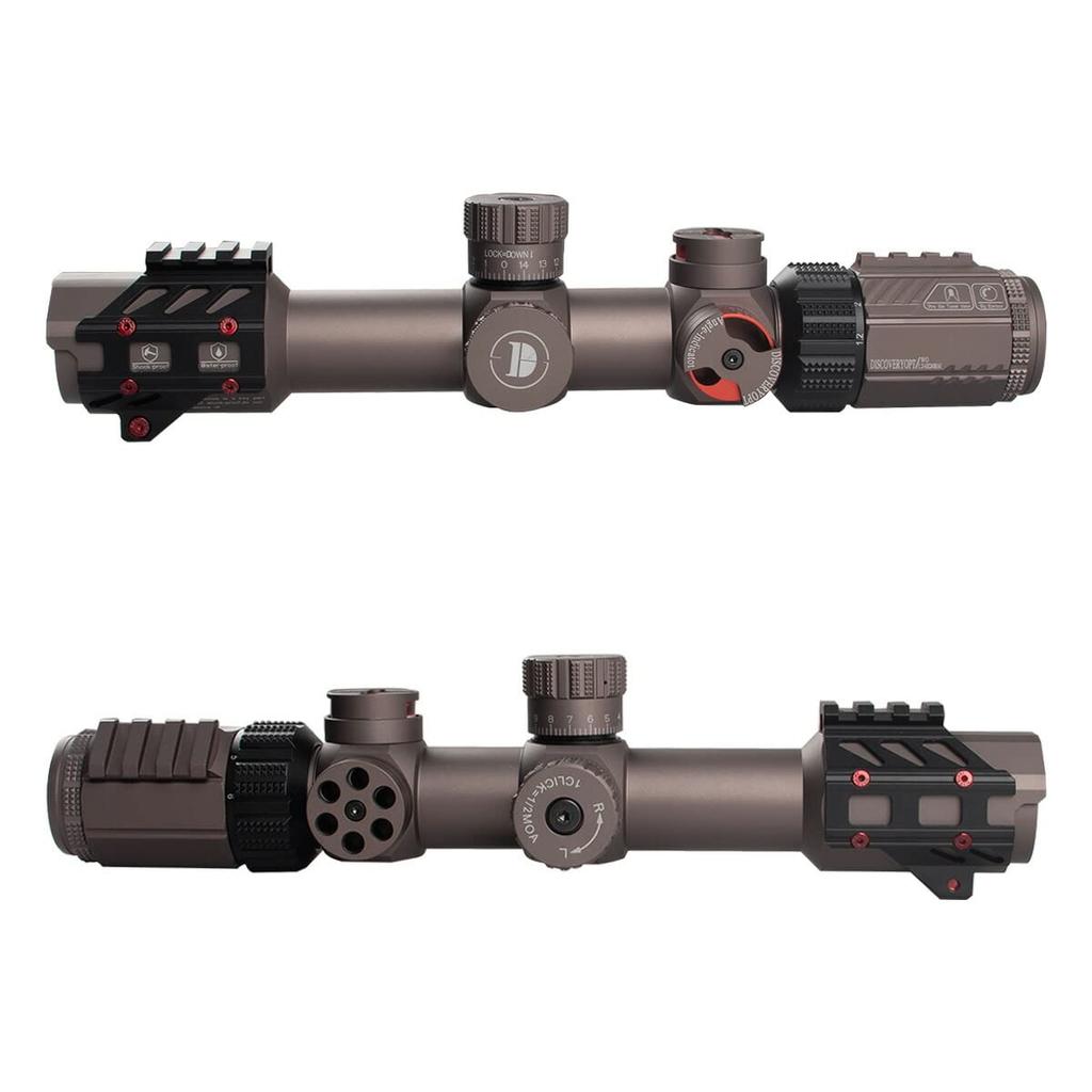 DISCOVERY WG 1.2-6x24 IRAI Illuminated Short Scope (with Picatinny Rail, Level, and Angle Indicator), Black, 20mm Rail, Variable Magnification