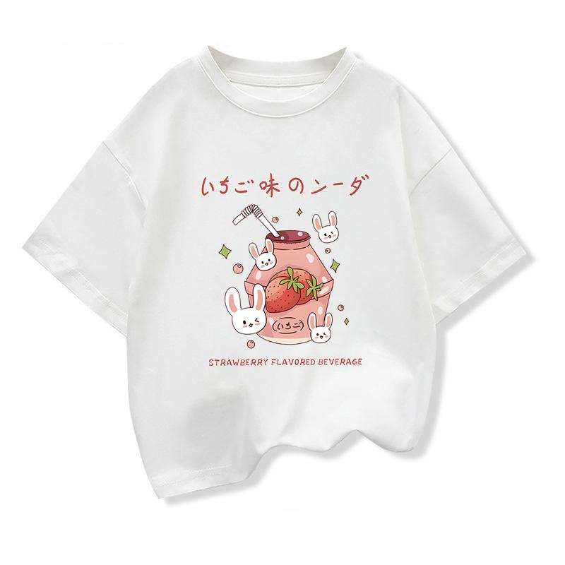 2026 Summer Children's Clothing Girls' Strawberry-Flavored Drink Casual T-Shirt Children's Short-Sleeve Printed Top