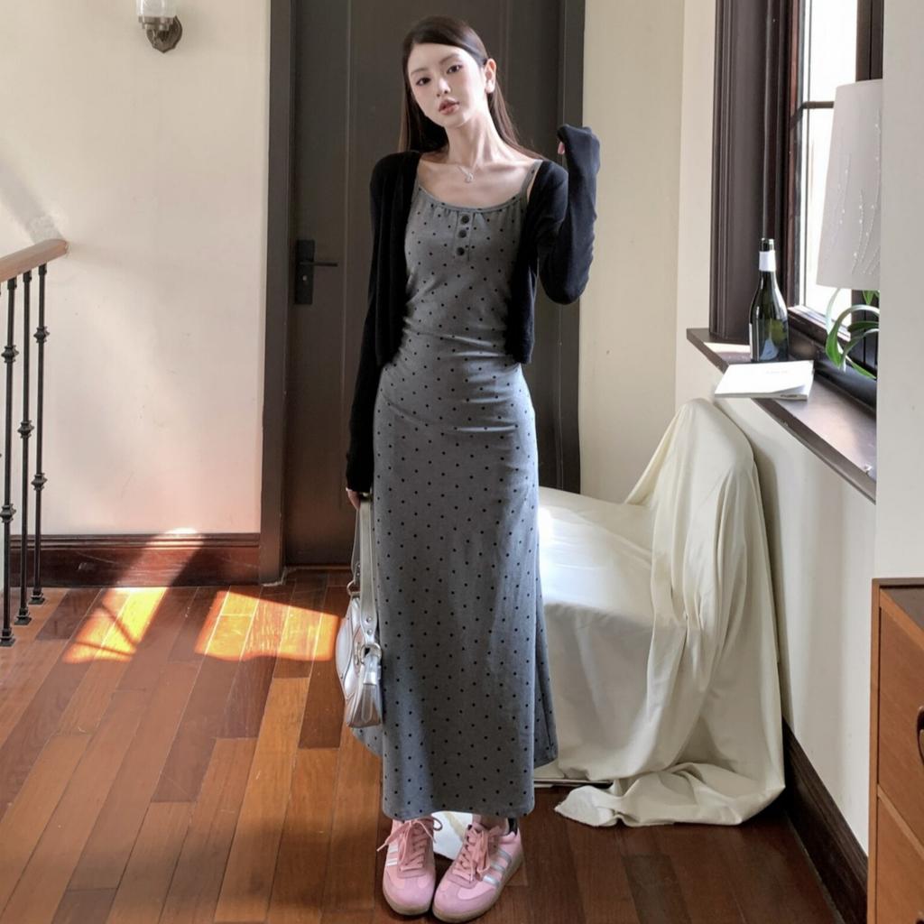French retro polka dot suspender dress women's summer new small waist thin hip vest long dress