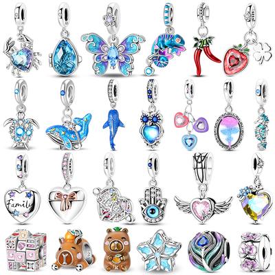 Exquisite 925 Silver Charms Beads Forever Love Heart Shaped Bow Family Charms Dangle For Bracelet Woman DIY Jewelry Gift
