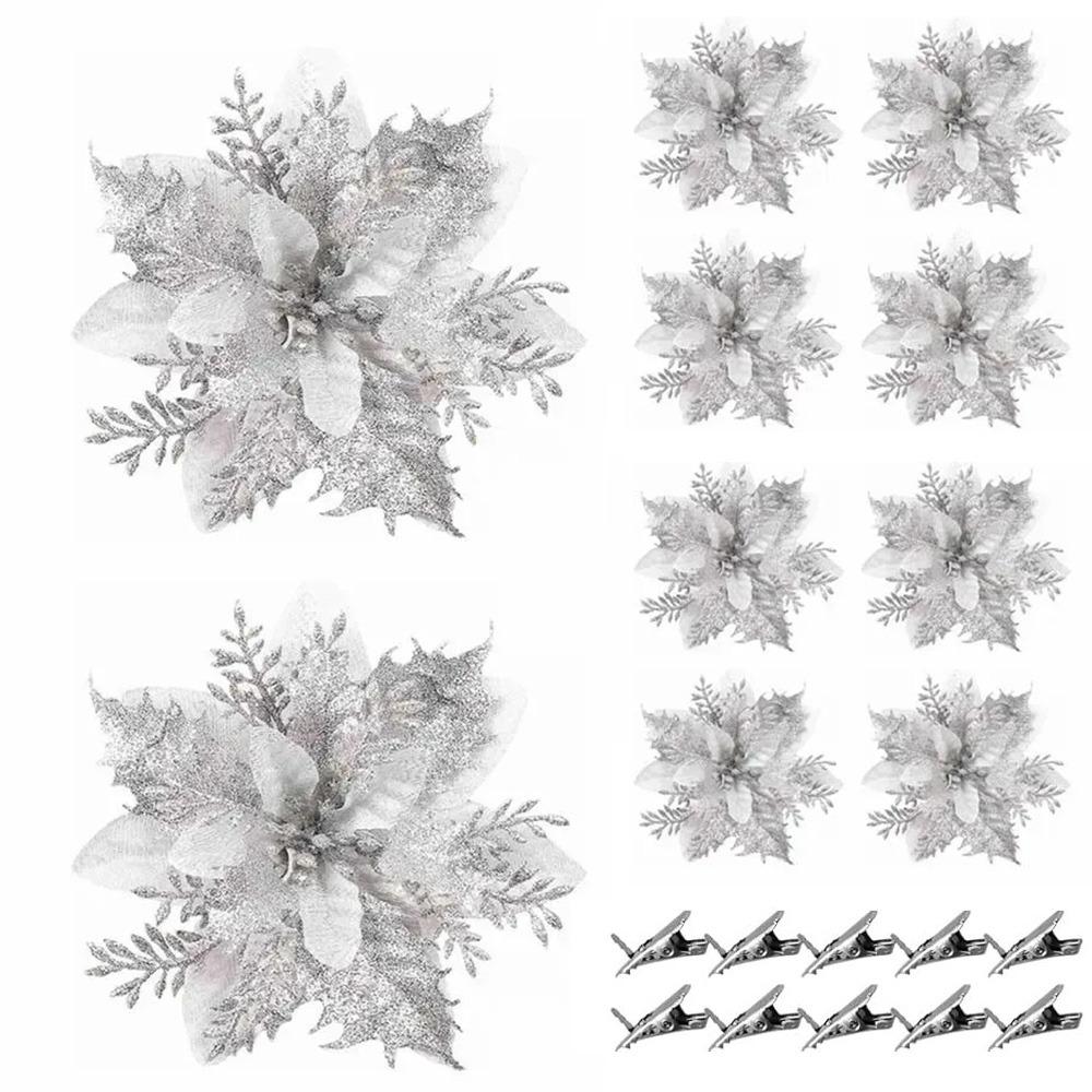10Pcs with Clips Artificial Flowers for Christmas Tree Christmas Fake Flowers Pendant Home Decor