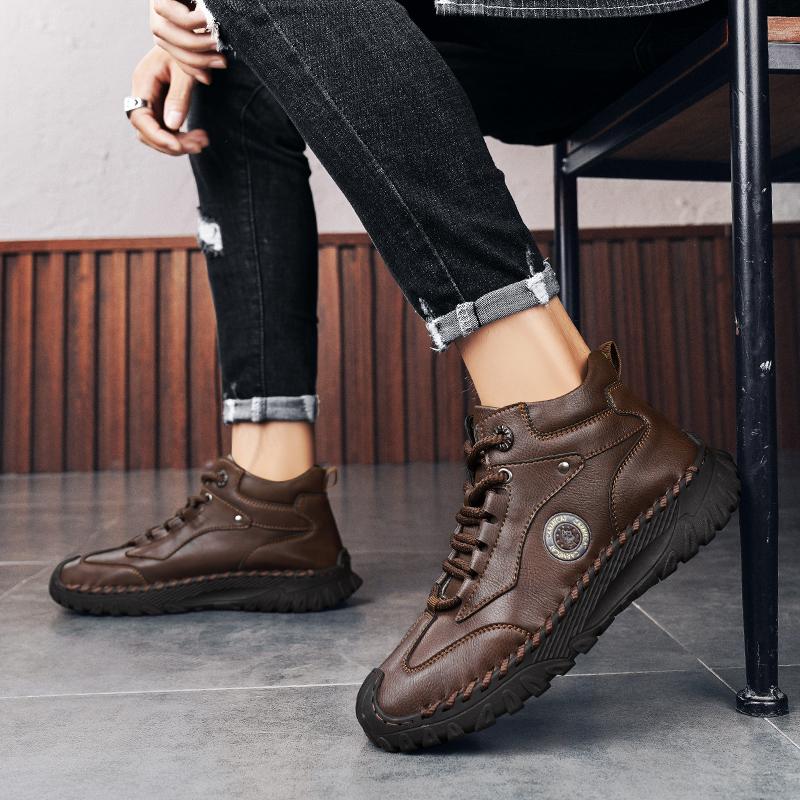Men's High-top Leather Boots Casual Sneakers Winter Plush Shoes Snow Boots