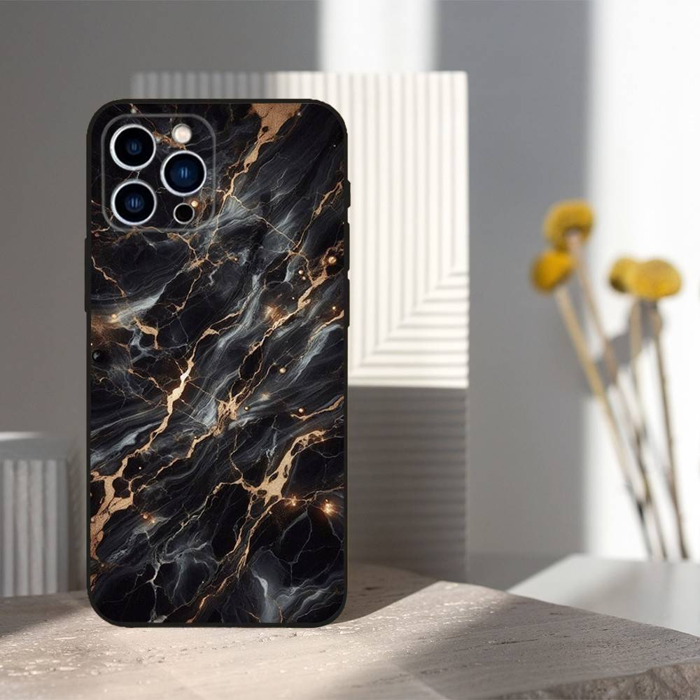 Black Gold Art Marble For iPhone 12,14,13,15,16,11,17,X,Mini,XR,SE,XS,Plus,Pro,Max,8,7,Soft Silicone Black Case