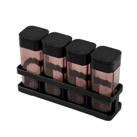 Juego de 4 Tarros de Plástico para Especias con Bandeja Tapa Deslizante con Una Mano Recipientes Transparentes Organizador Compacto para Encimera para Sal, Pimienta, Condimentos