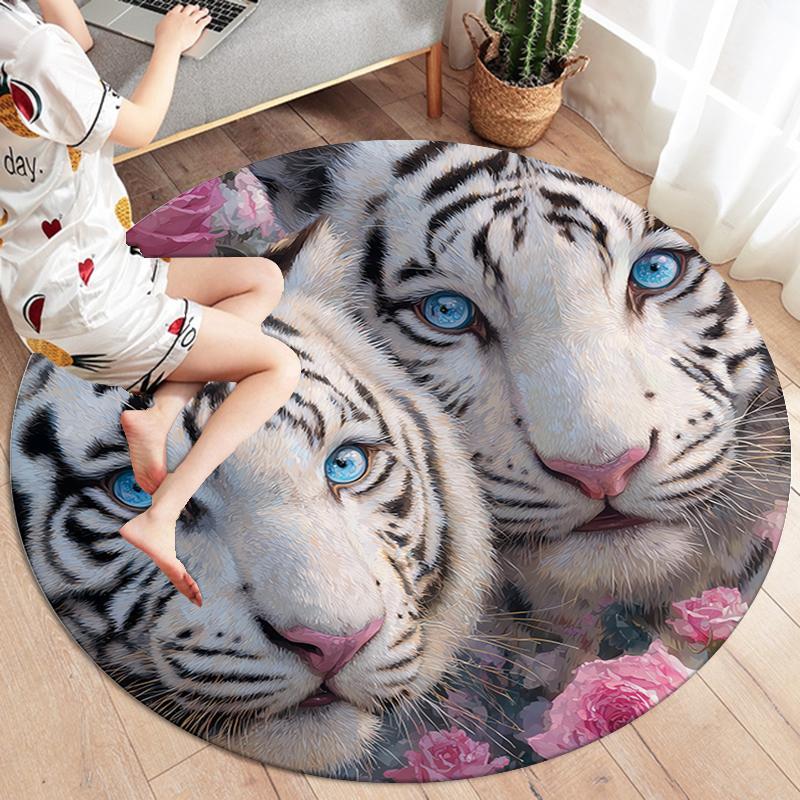 Roses and Tigers, Leopards Round Area Rug,Carpet Rug for Living Room Bedroom Sofa Playroom Decor,Non-slip Floor Mat