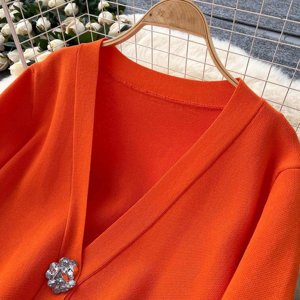 Winter Strickwaren Damen Anzüge Langarm Diamantknöpfe Oberteile+Freizeithosen mit weitem Bein Locker Warme Pullover-Sets