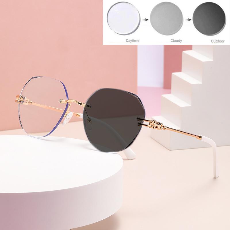 Anti Blue Light High-Definition Far Sight Eyeglasses Photochromic Frameless Reading Glasses Fashion Cut Edge Reading Eyewear