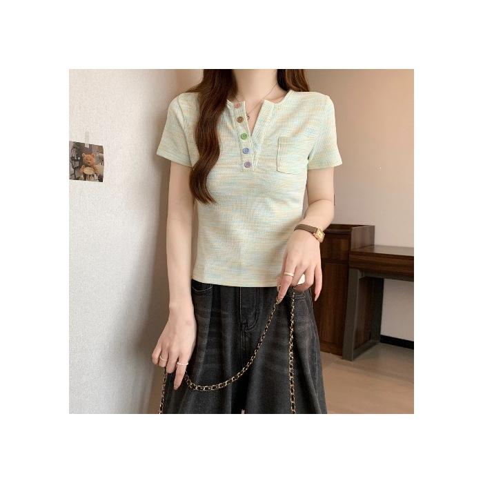 

Colored Button Front Shoulder Short Sleeve T-Shirt Women s Small Fresh Age Reduction Striped Half Sleeve T-Shirt S