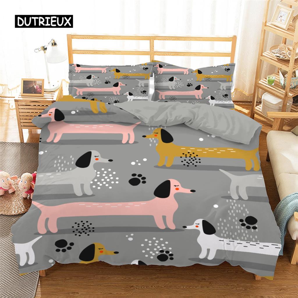 

Комплект постельного белья для собак такса, милый красочный пододеяльник с изображением щенка, стеганое одеяло из полиэстера с рисунком из мультфильма, домашний текстиль для собак King Queen 140x200cm 3pcs