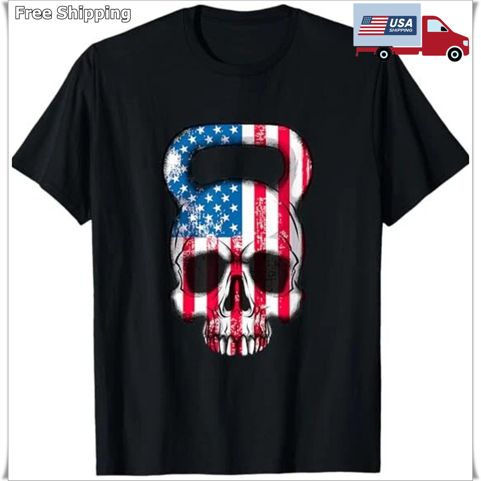 NEW LIMITED American Flag Kettlebell Skull Weight Lifting Bodybuilding T-Shirt XXXXL
