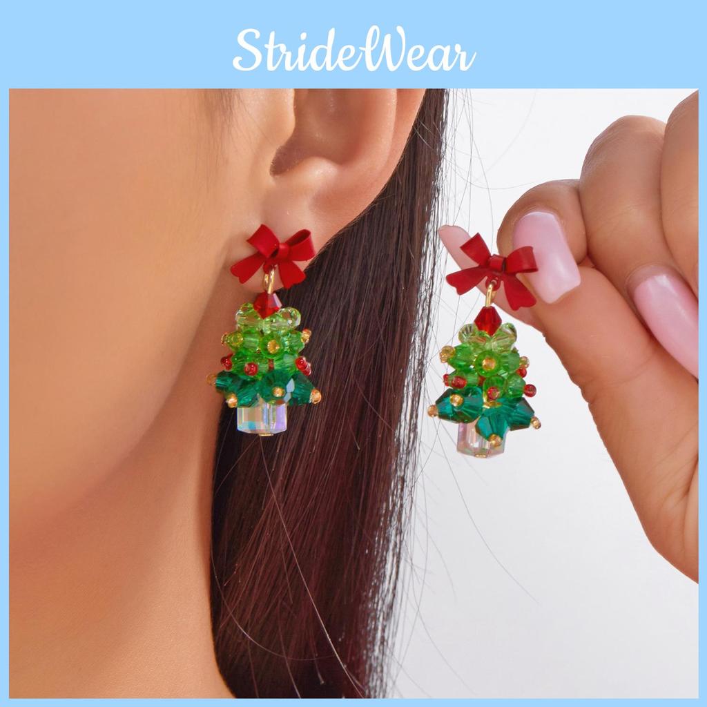 Christmas Tree Earrings Girls Alloy Red Bow Sparkling Jewelry With Holiday Style For Women
