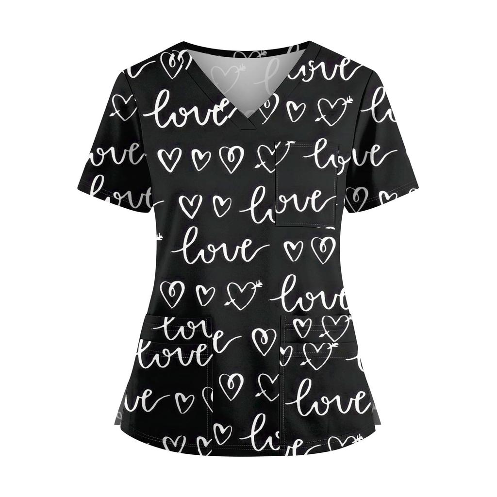 Plus SizePrinted Scrub Working Uniform Tops For Women's Cross V-Neck Halloween Print Short Sleeve Fun T-Shirts Workwear Tee With Pockets