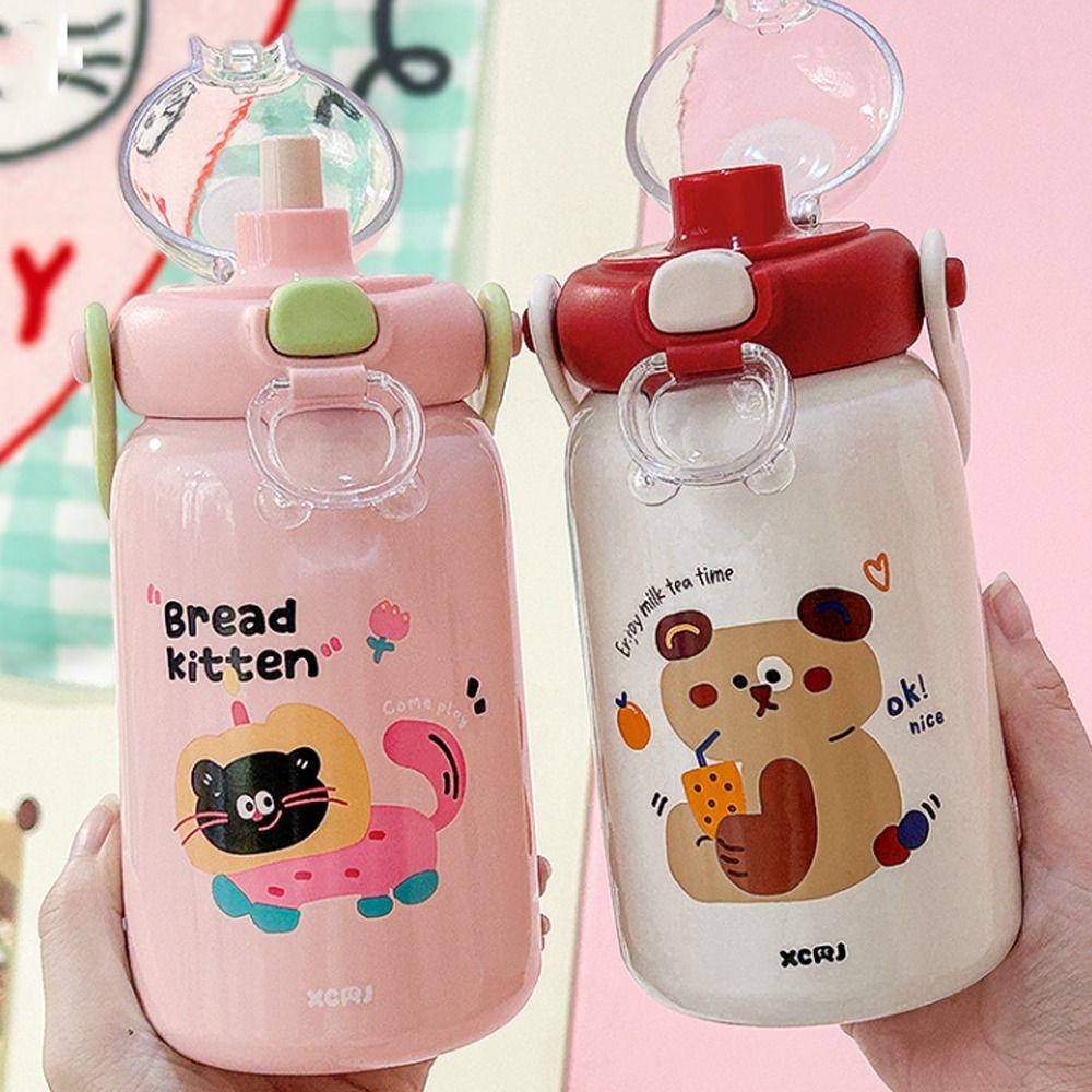 Large Capacity Vacuum Cup Double Drinking Straw Coffee Cup Cute Student Water Cup  for Children