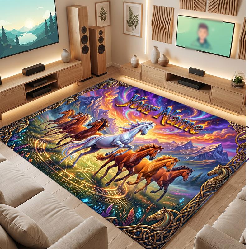 Horse Theme Soft Crystal Velvet Rug Custom Name & Text Print Non Slip Floor Rug for Bedroom Living Room