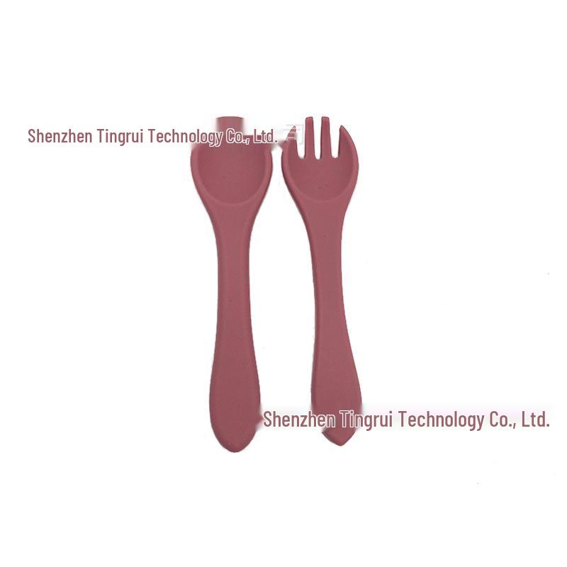 Child's Wooden Handle Silicone Fork & Spoon Set for Learning to Eat