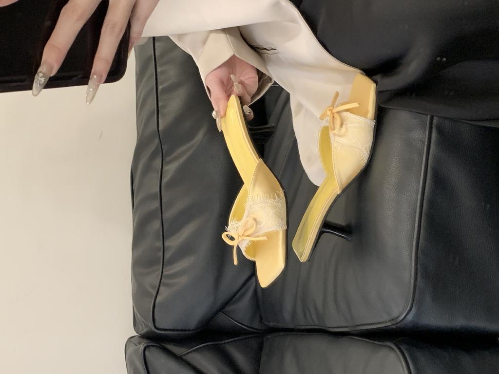 French Niche Bag Head Sandals Gentle Bow Pointed High Heels Lace Pure Desire Satin Stiletto Empty Shoes