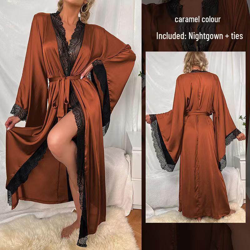 Elegant Black Lace-Trim Plus Size Robe with Belt – European & American Style Nightgown