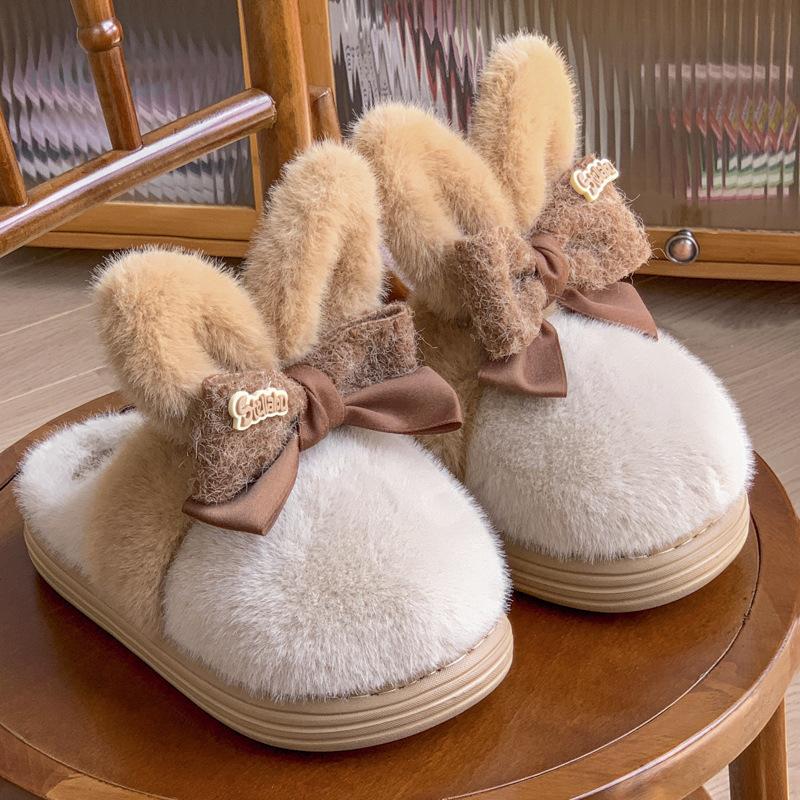 New cute rabbit ear bow cotton slippers winter indoor home non-slip warm thick bottom fluffy slippers
