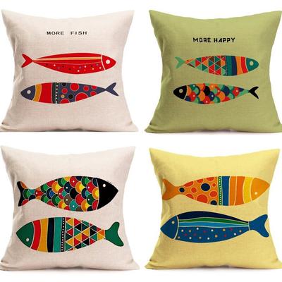 Poisson Dessin animé Peint à la main Nordique Housse d'oreiller de voiture Housse de coussin de canapé Housse d'oreiller en lin