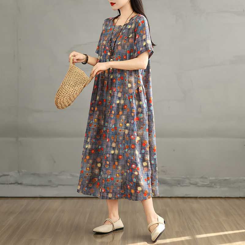 Summer Retro Cotton and Linen Round Neck Short Sleeved Dress, Women's Loose Skirt
