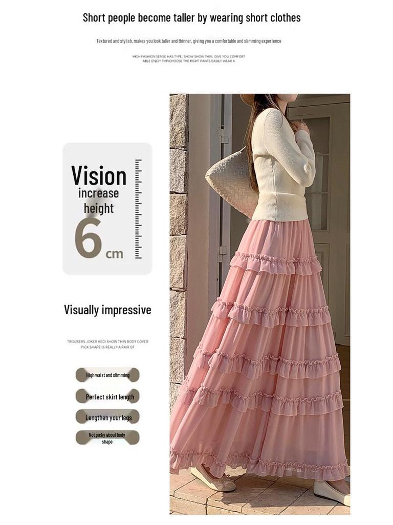 Women's French Ruffled Chiffon A-Line Dress - Slimming High Waist Fairy Skirt for Spring 2026