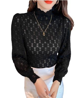 Gincci Langarm Spitze Durchsichtig Hoch Geschichtet Durchsichtig C Damen Durchsichtige Bluse, Oberteil, Pullover, Hals, Stretch, Look, Sexy, (Typ - Schwarz)