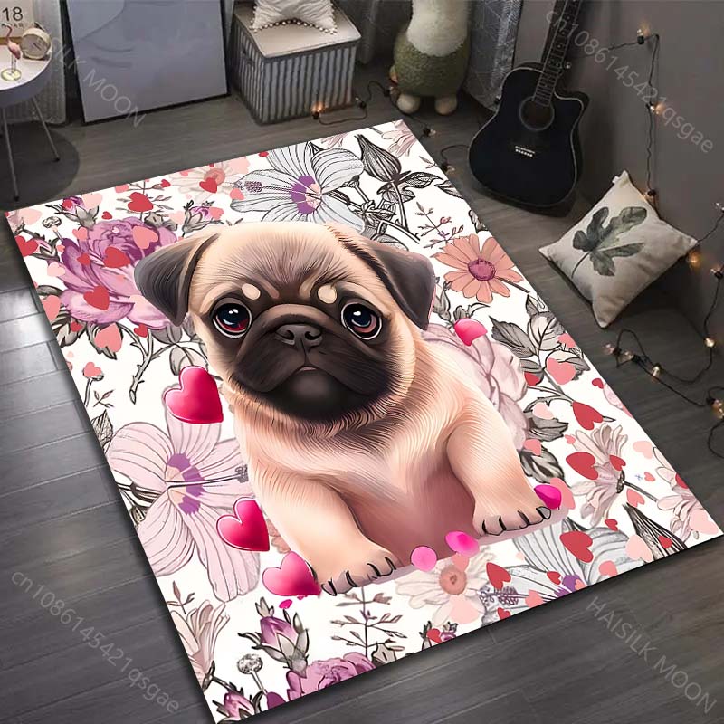 17 Stile Niedlicher Mops-Druck Teppich für Wohnzimmer Schlafzimmer Sofa Fußmatte Heimdekor Bereichsteppich Rutschfeste Bodenmatte Große Größe