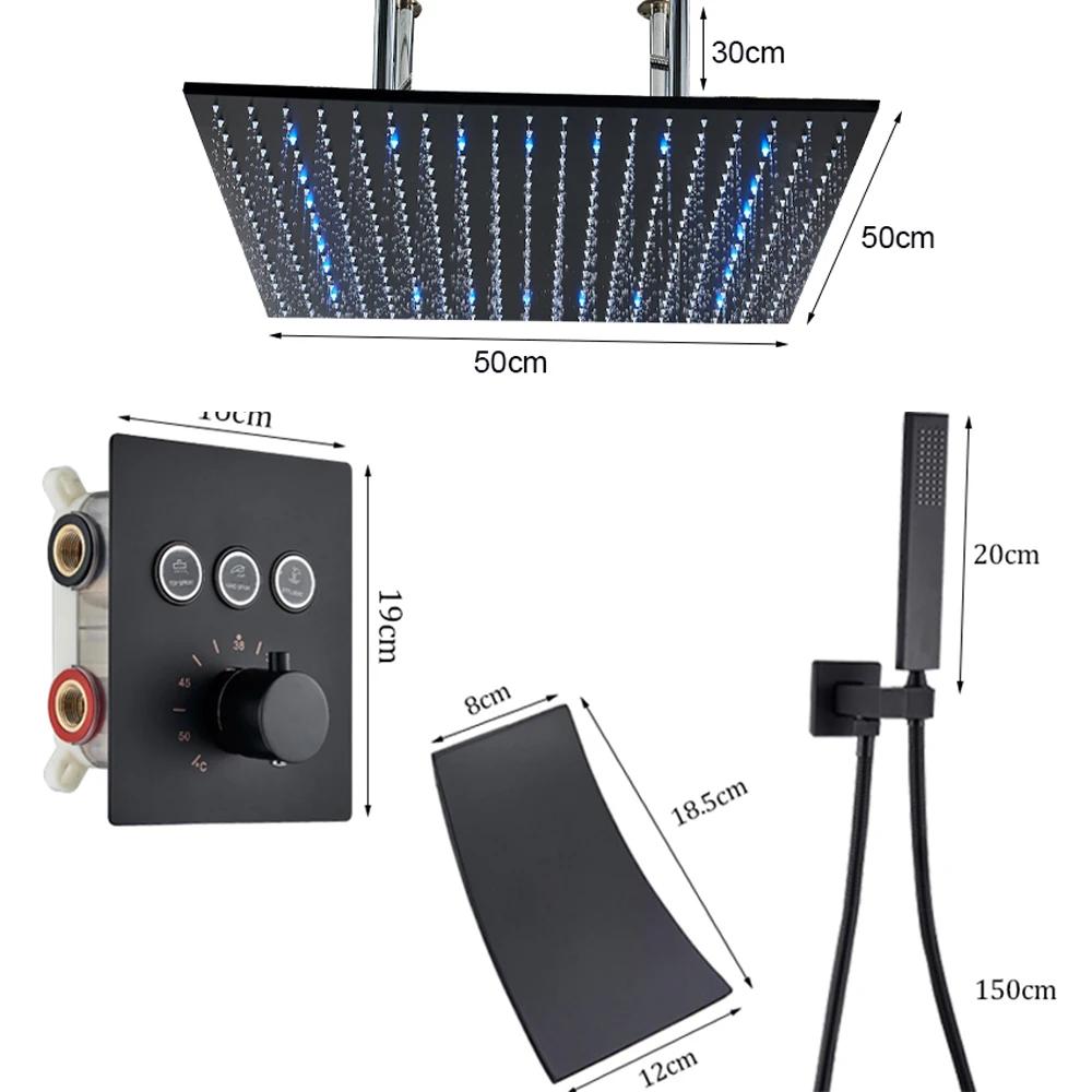 Matte Black LED Thermostatic Shower Faucet 40*80 Large Rain Waterfall Shower System Button Control 3Ways Mixer Installation Arm