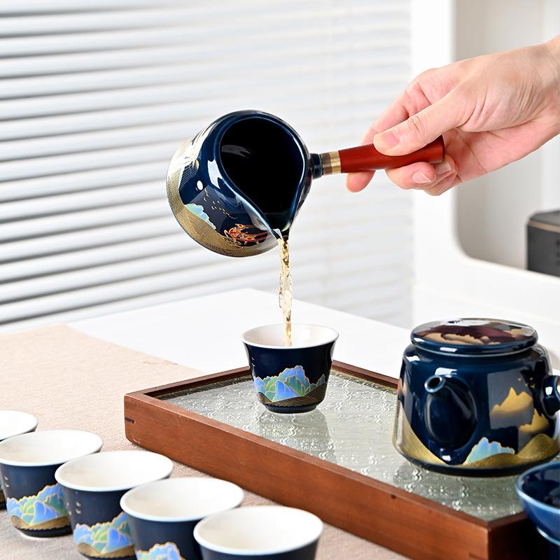 Bright glaze side handle Ji blue tea set ten-piece set gift box Kung Fu set ceramic annual meeting gift