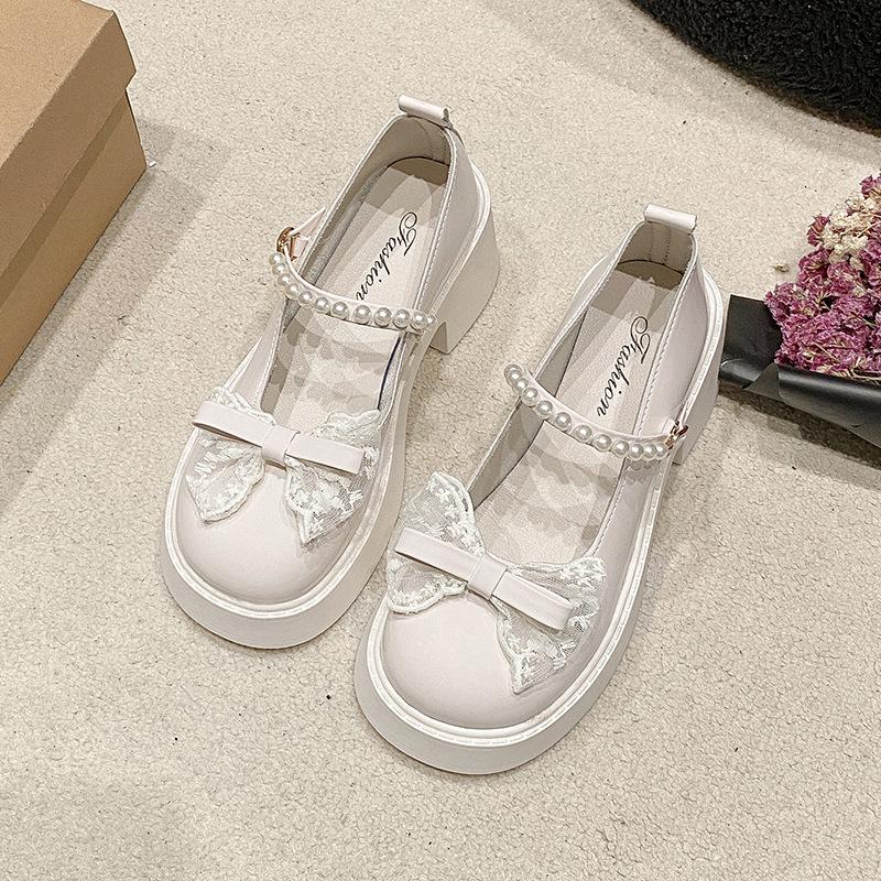 Mary Jane Shoes Women's 2025 Spring and Summer New Pearl Bow Girl Single Shoes Thick Heel Small Leather Shoes