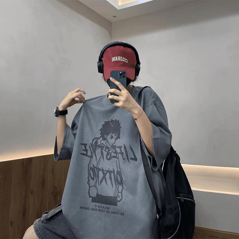 

Мужская замшевая футболка с заниженными плечами, свободная, удобная, с принтом букв, модный бренд, короткий рукав, короткий рукав 3XL